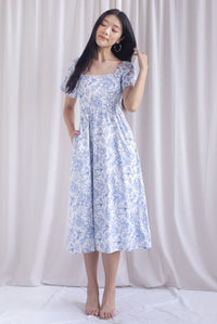 Solenes Porcelain Lattice Pintuck Sleeved Midi Dress In Blue