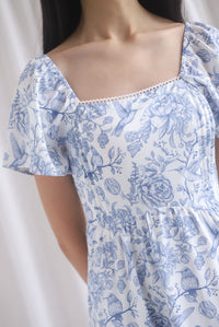 Solenes Porcelain Lattice Pintuck Sleeved Midi Dress In Blue