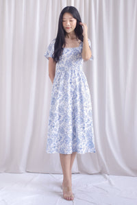 Solenes Porcelain Lattice Pintuck Sleeved Midi Dress In Blue