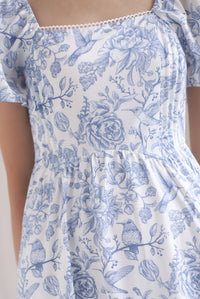 Solenes Porcelain Lattice Pintuck Sleeved Midi Dress In Blue