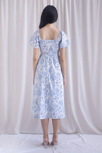 Solenes Porcelain Lattice Pintuck Sleeved Midi Dress In Blue