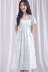 Solenes Porcelain Lattice Pintuck Sleeved Midi Dress In Green