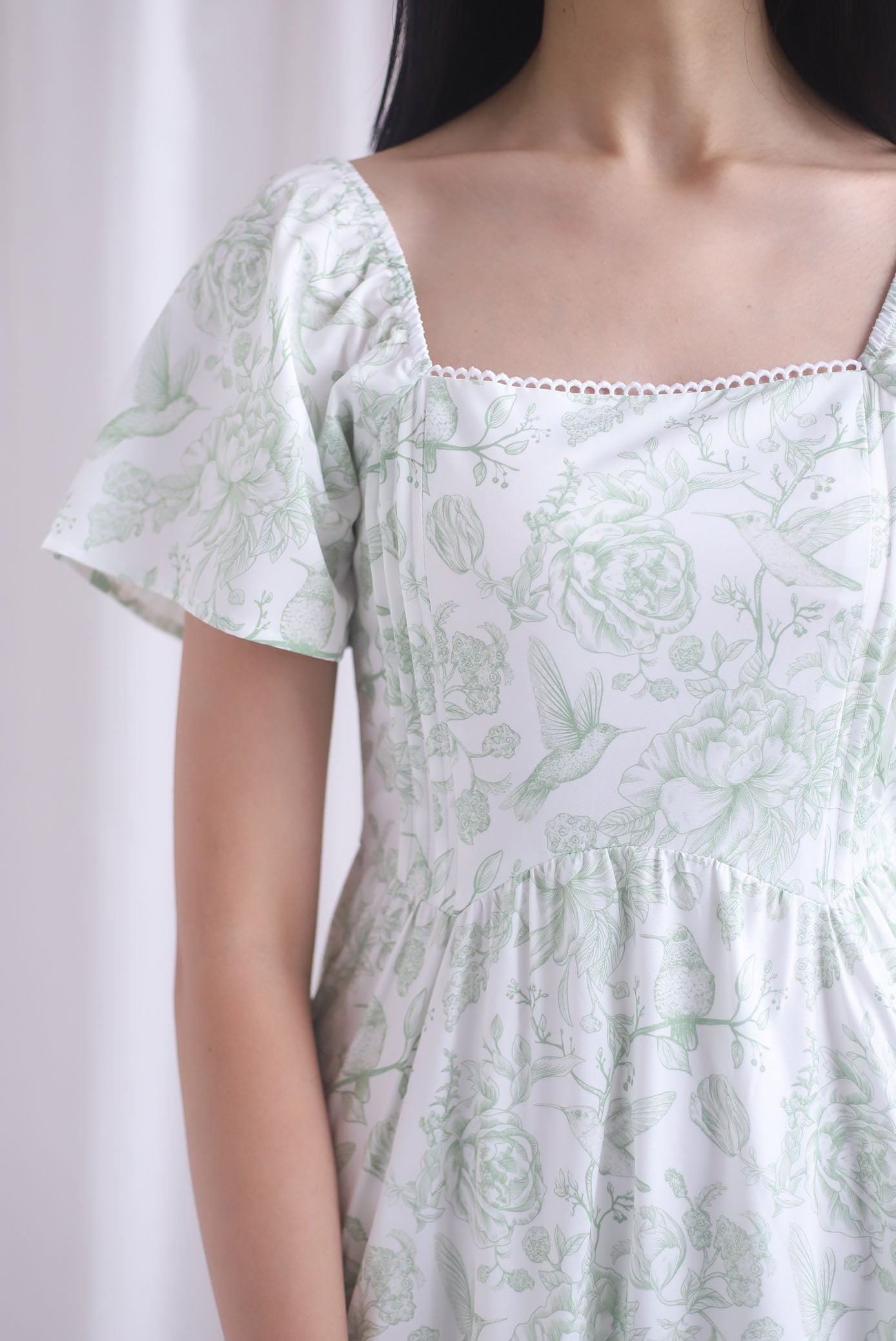 Solenes Porcelain Lattice Pintuck Sleeved Midi Dress In Green