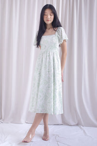 Solenes Porcelain Lattice Pintuck Sleeved Midi Dress In Green