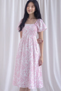 Solenes Porcelain Lattice Pintuck Sleeved Midi Dress In Pink