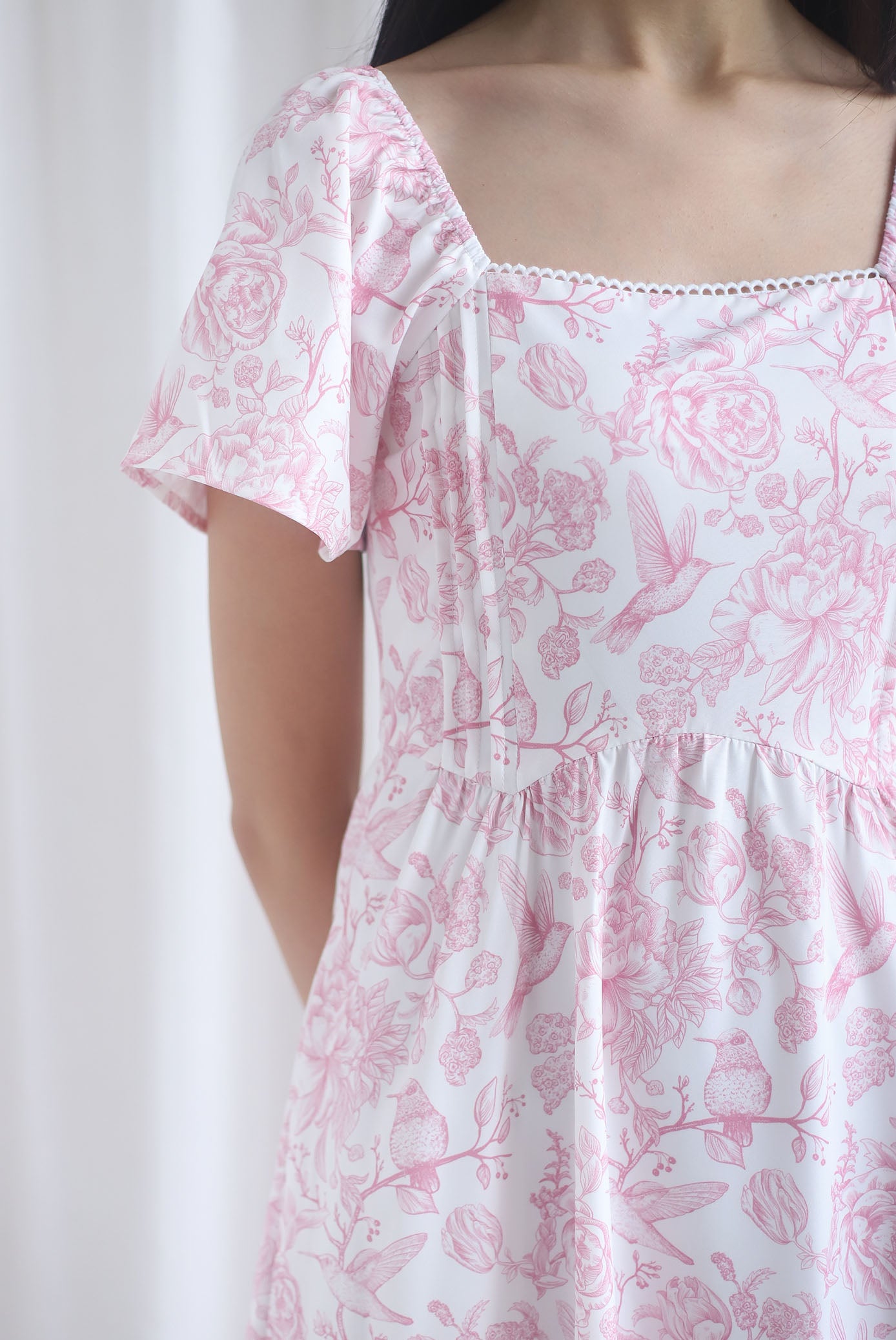 Solenes Porcelain Lattice Pintuck Sleeved Midi Dress In Pink