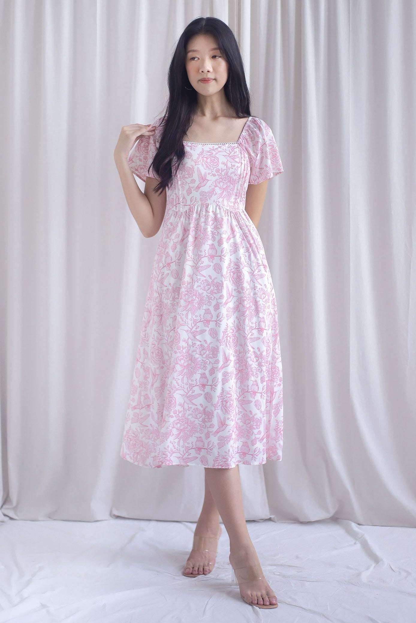 Solenes Porcelain Lattice Pintuck Sleeved Midi Dress In Pink