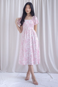 Solenes Porcelain Lattice Pintuck Sleeved Midi Dress In Pink