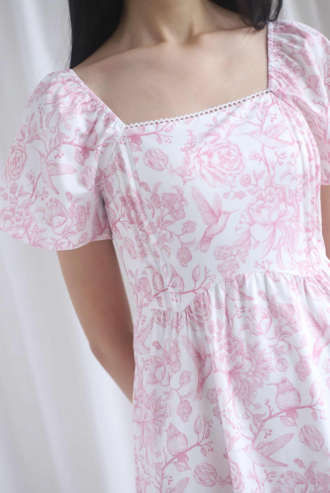 Solenes Porcelain Lattice Pintuck Sleeved Midi Dress In Pink