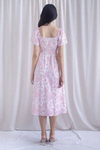 Solenes Porcelain Lattice Pintuck Sleeved Midi Dress In Pink