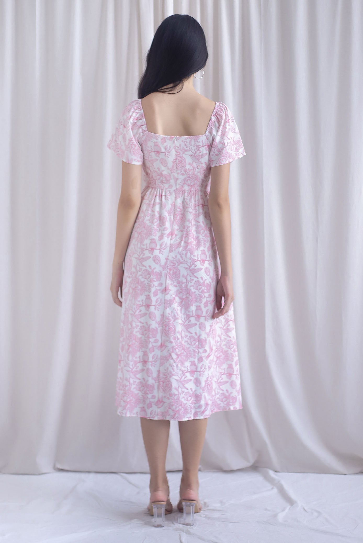 Solenes Porcelain Lattice Pintuck Sleeved Midi Dress In Pink