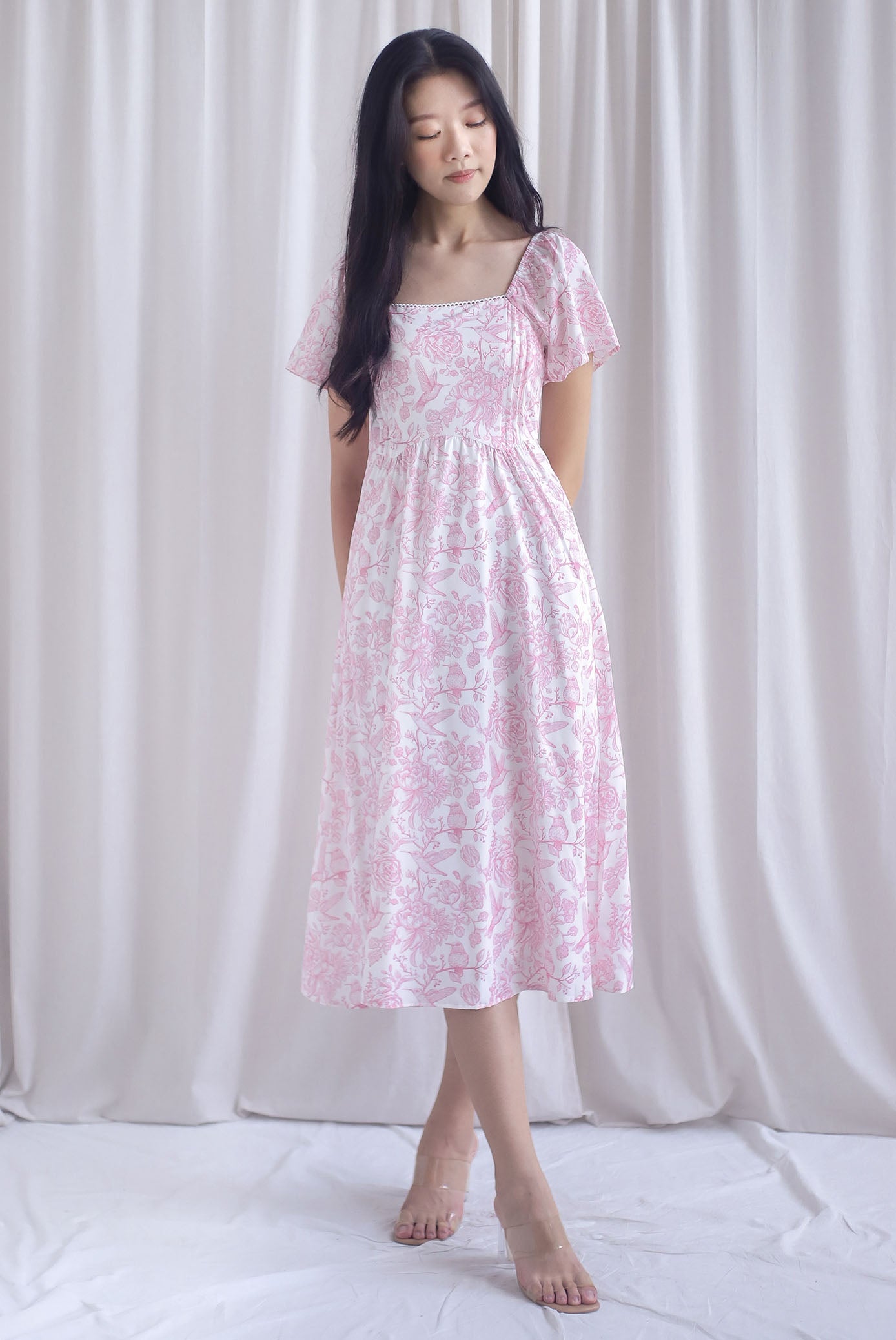 Solenes Porcelain Lattice Pintuck Sleeved Midi Dress In Pink