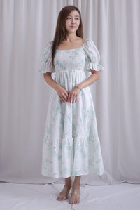 Spring Muse Puffy Sleeve Smocked Dress In Green