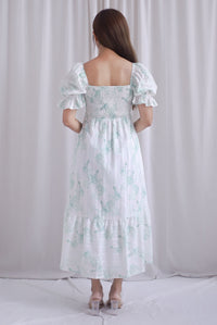 Spring Muse Puffy Sleeve Smocked Dress In Green