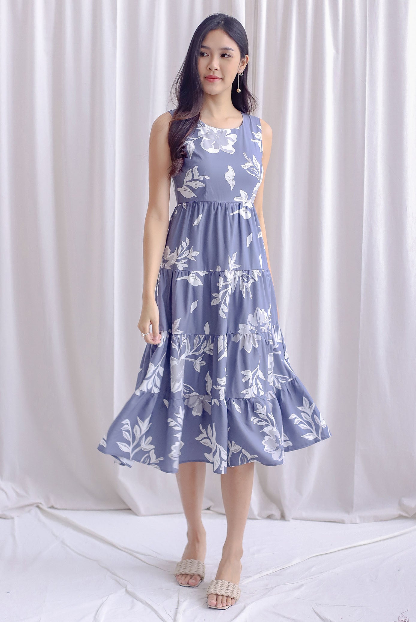 Starley Tiered Floral Maxi Dress In Greyish Blue