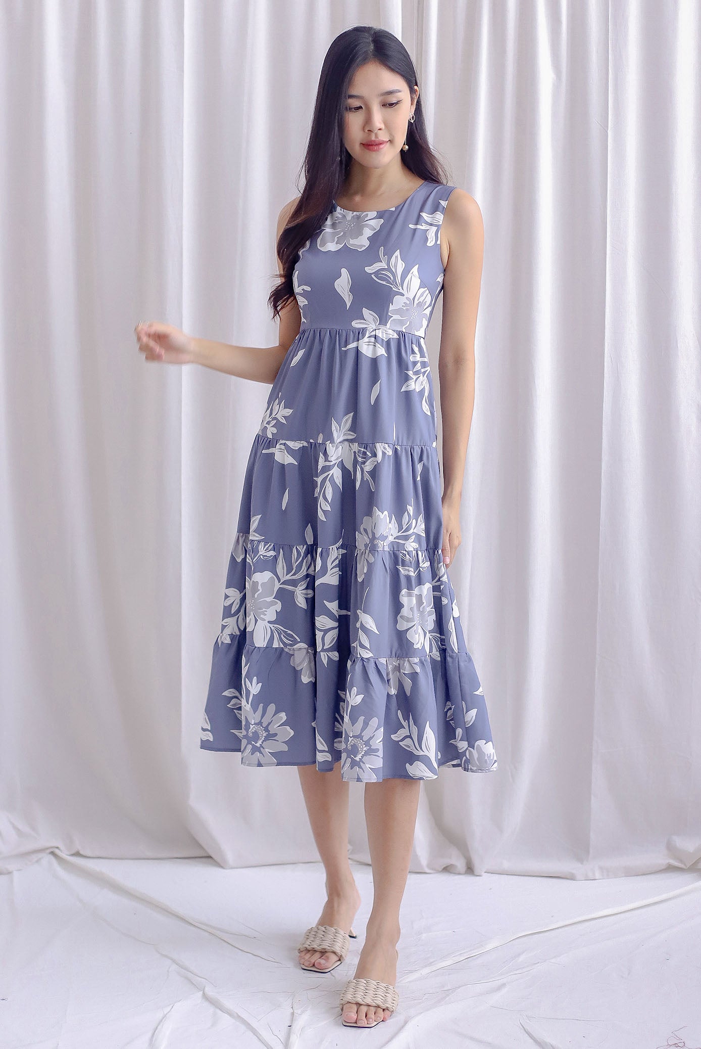 Starley Tiered Floral Maxi Dress In Greyish Blue