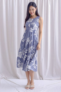 Starley Tiered Floral Maxi Dress In Greyish Blue