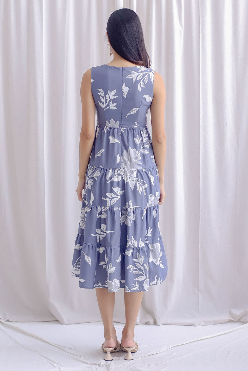 Starley Tiered Floral Maxi Dress In Greyish Blue