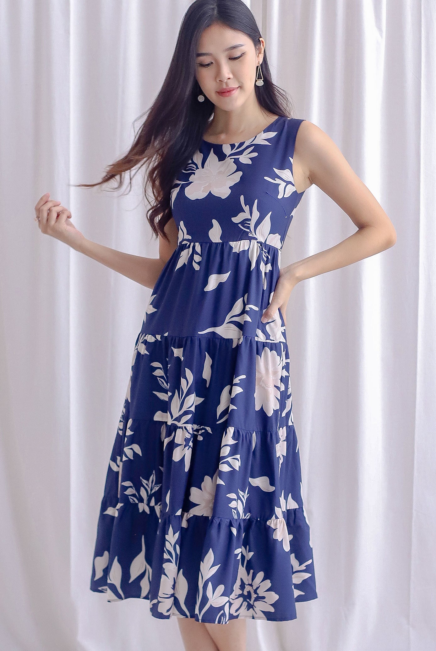Starley Tiered Floral Maxi Dress In Navy Blue