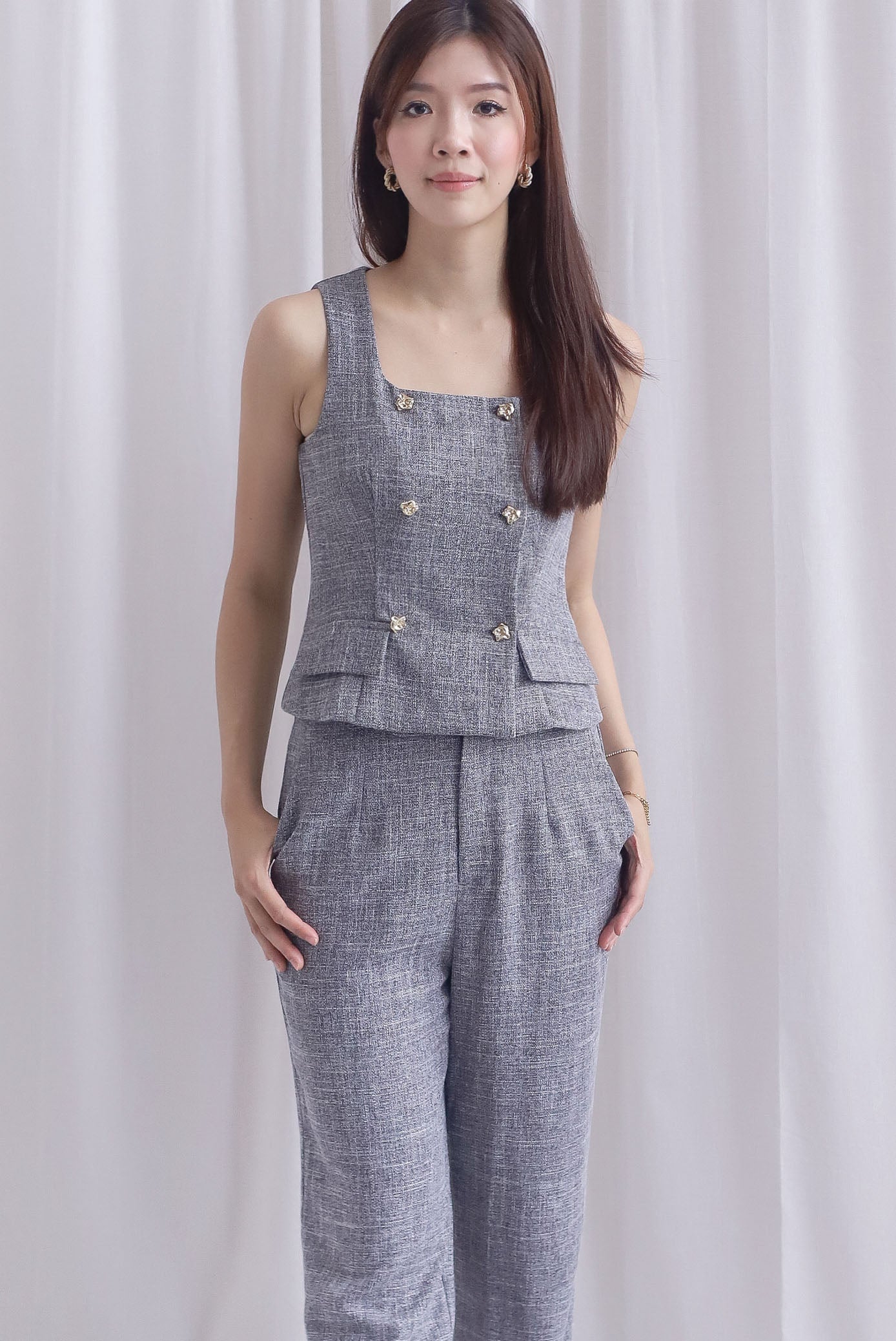 Steffi Gold Buttons Tweed Vest Top In Black