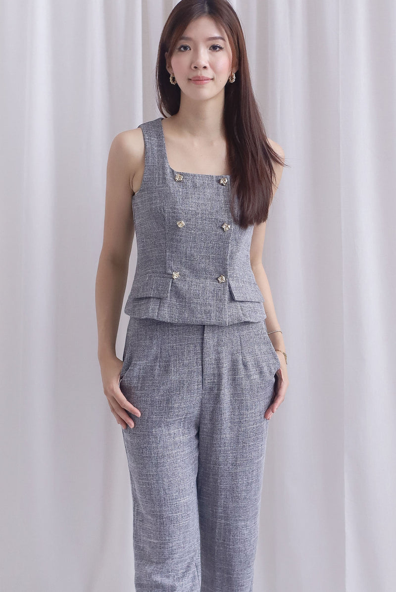 Steffi Gold Buttons Tweed Vest Top In Black