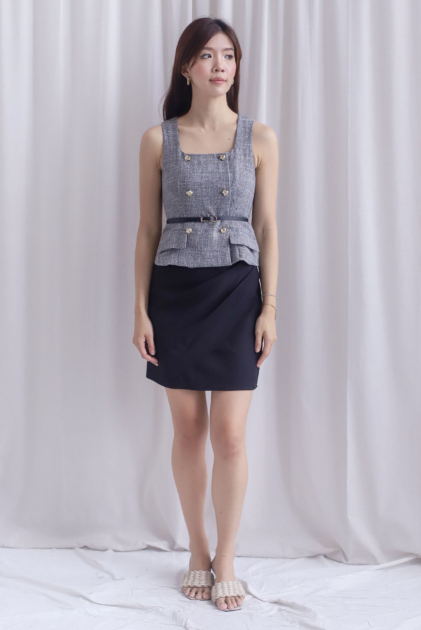 Steffi Gold Buttons Tweed Vest Top In Black