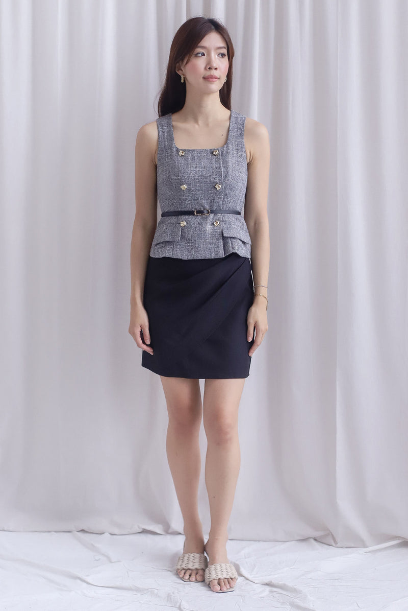Steffi Gold Buttons Tweed Vest Top In Black