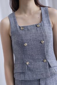 Steffi Gold Buttons Tweed Vest Top In Black