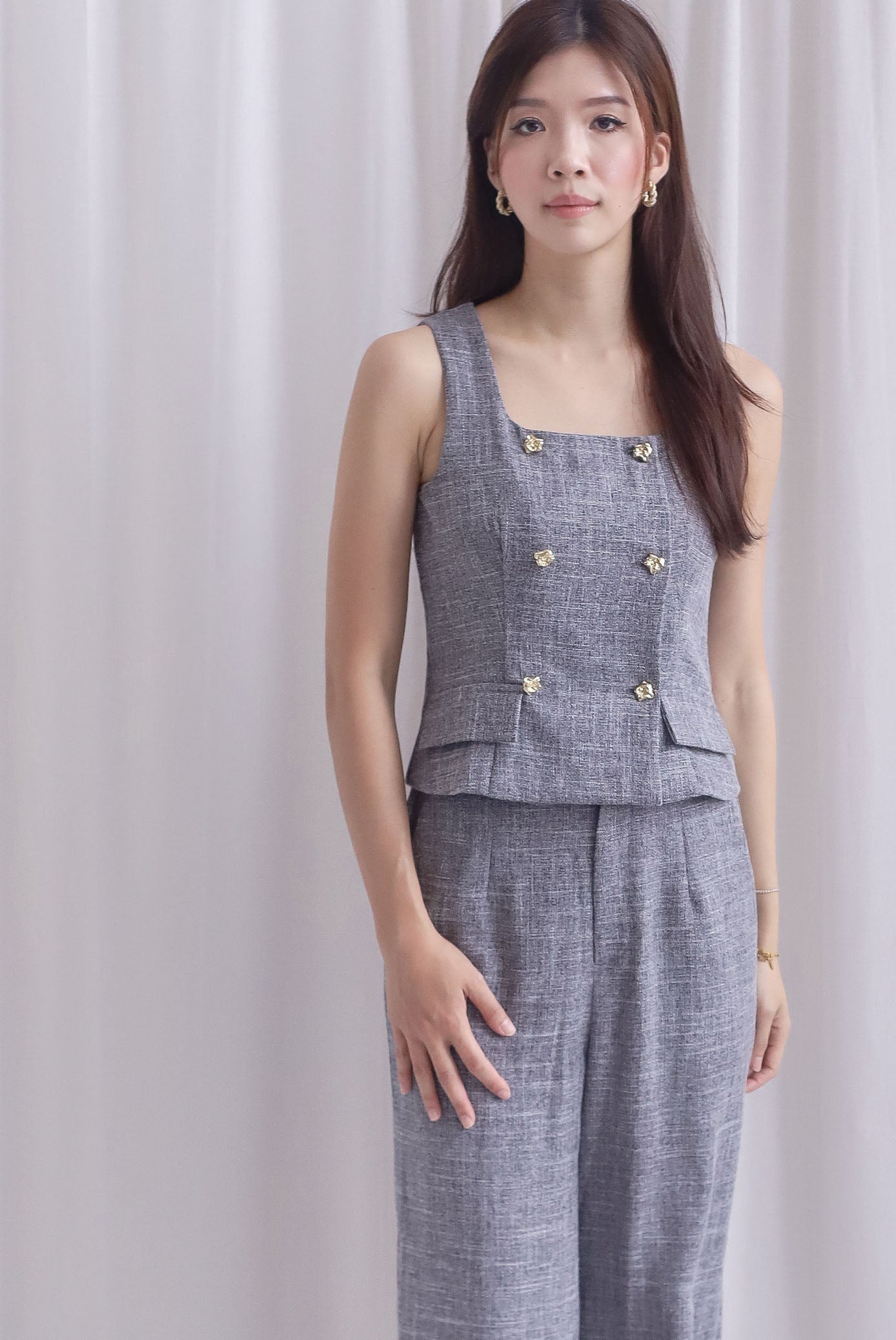 Steffi Gold Buttons Tweed Vest Top In Black