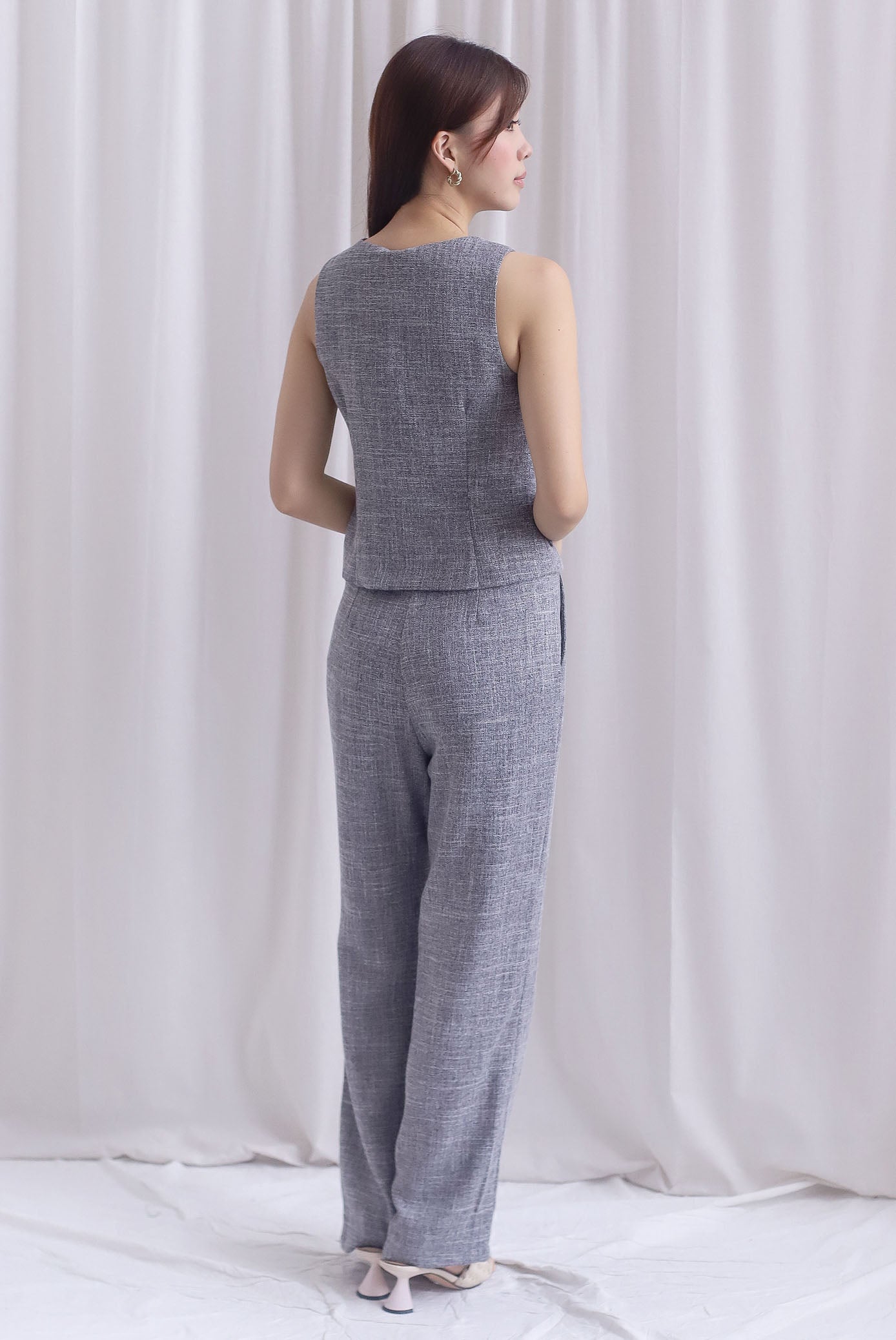 Steffi Gold Buttons Tweed Vest Top In Black