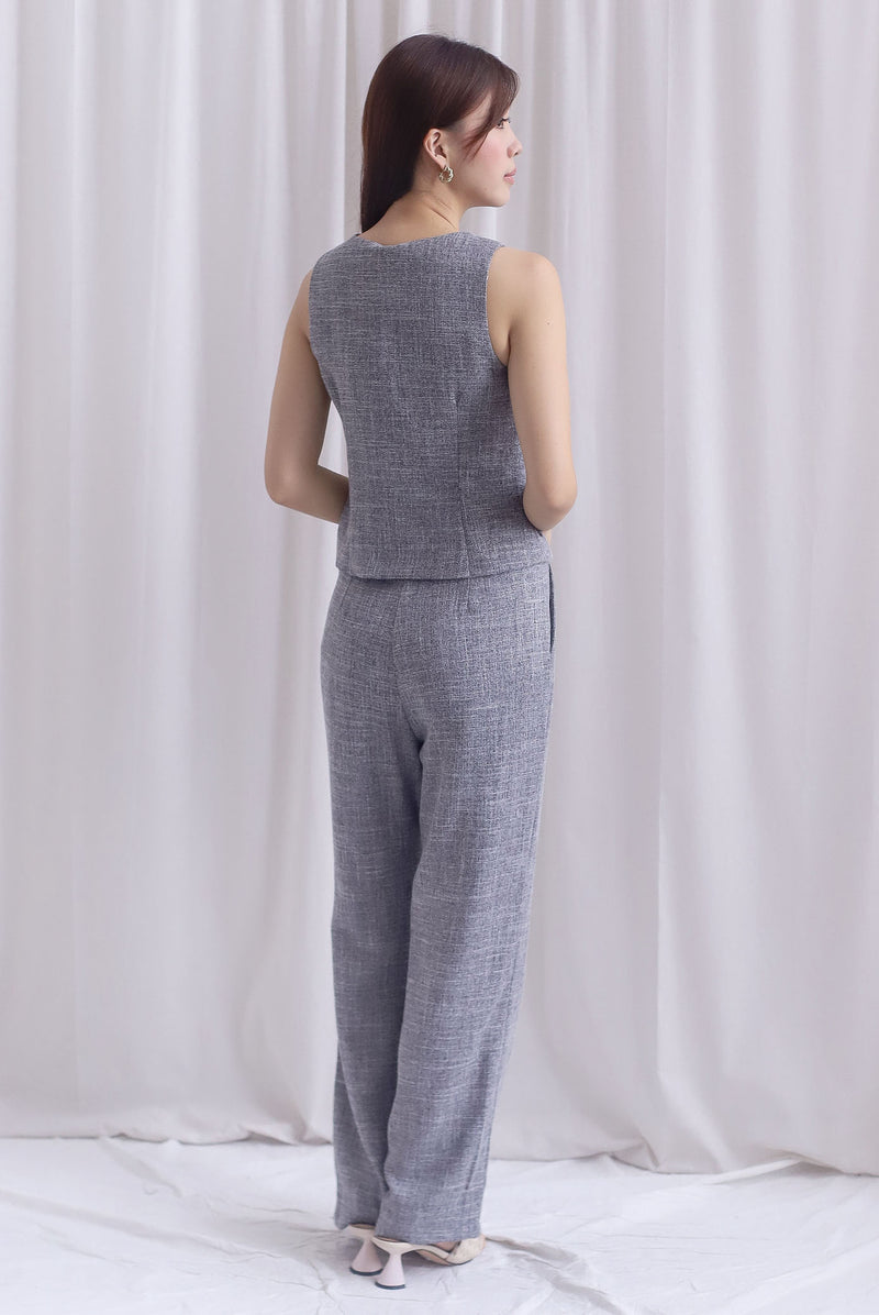 Steffi Gold Buttons Tweed Vest Top In Black