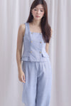 *Restocked*  Steffi Gold Buttons Tweed Vest Top In Blue