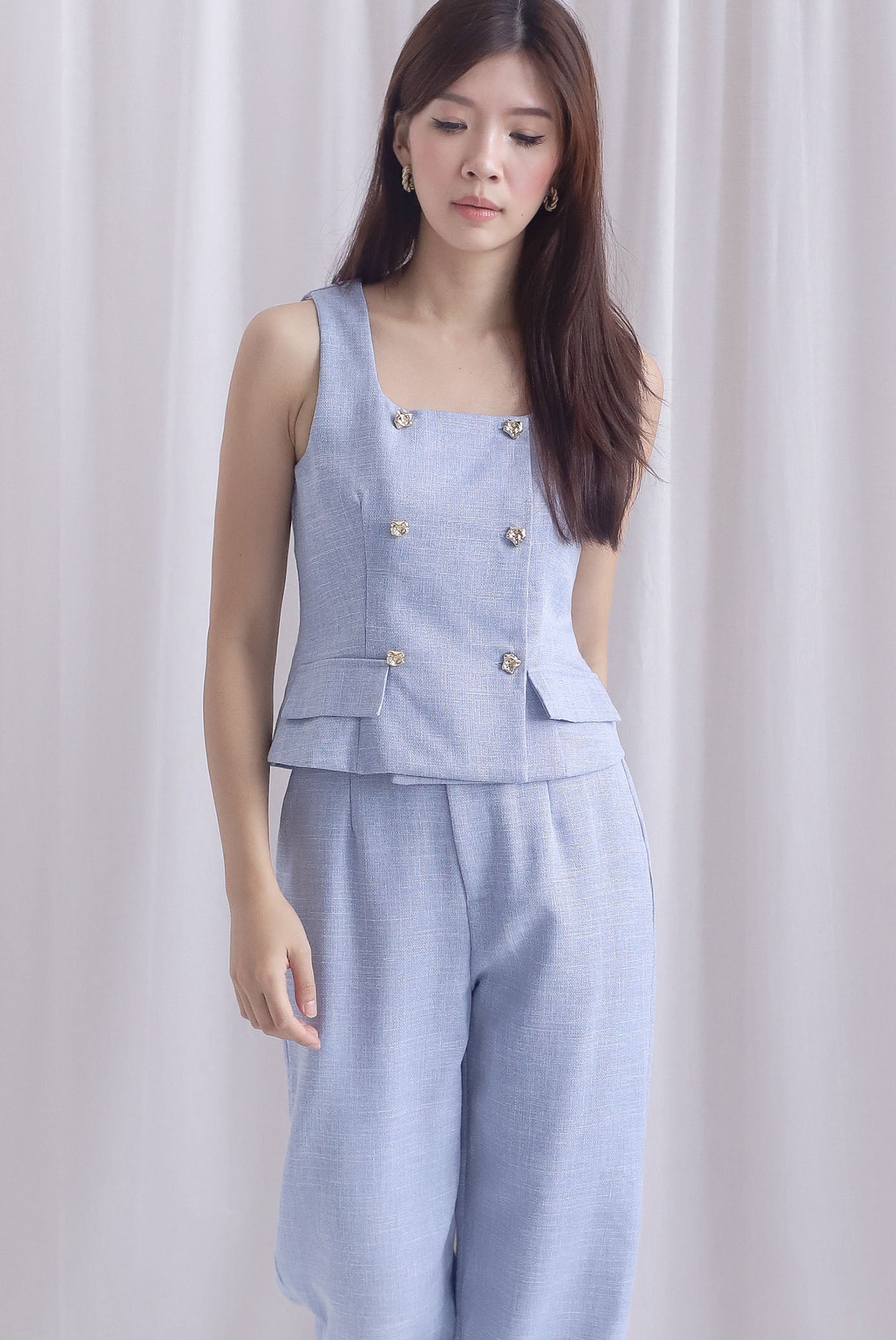 *Restocked*  Steffi Gold Buttons Tweed Vest Top In Blue