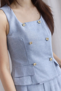 *Restocked*  Steffi Gold Buttons Tweed Vest Top In Blue