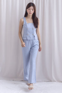 *Restocked*  Steffi Gold Buttons Tweed Vest Top In Blue