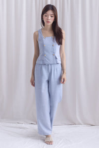 *Restocked*  Steffi Gold Buttons Tweed Vest Top In Blue