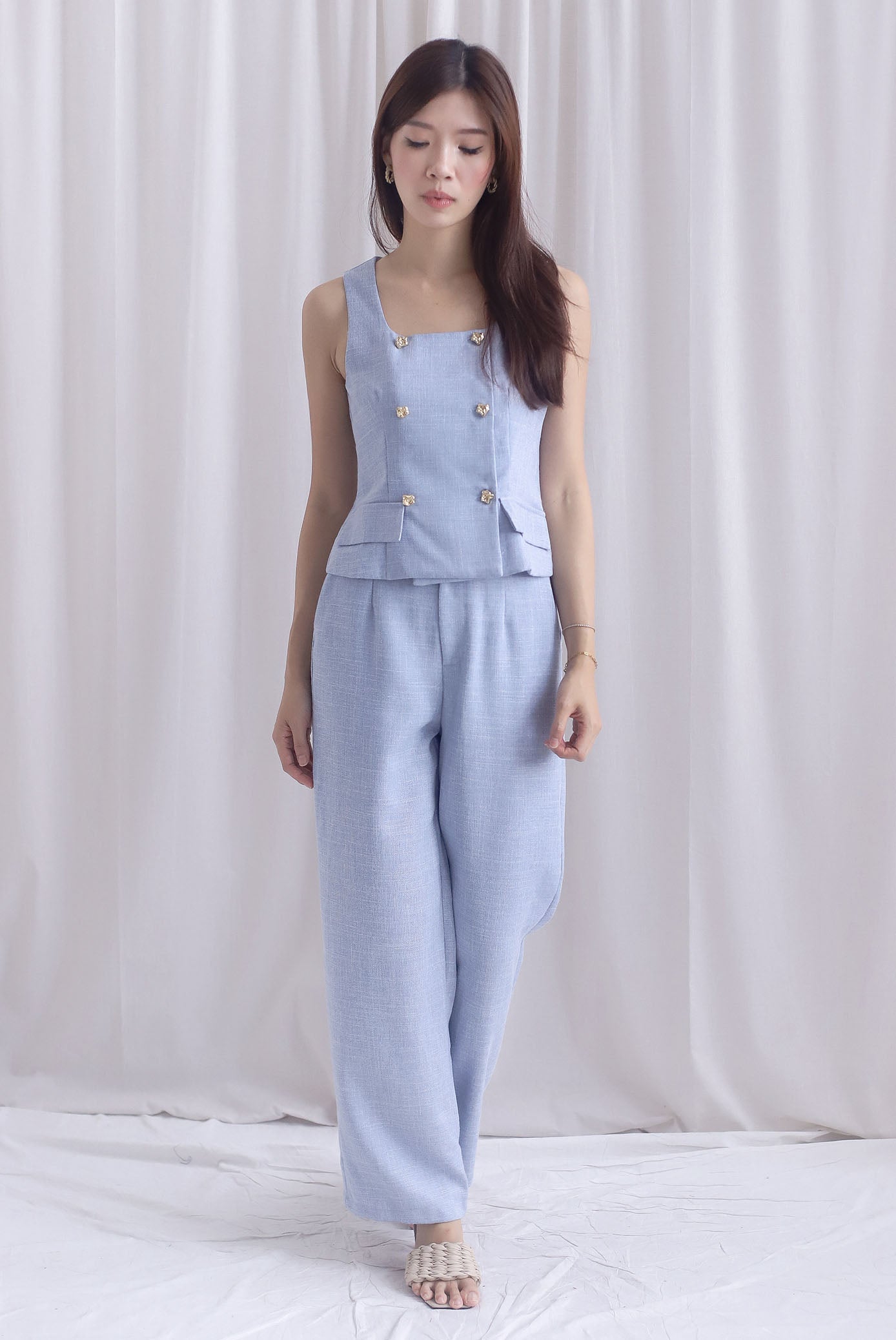 *Restocked*  Steffi Gold Buttons Tweed Vest Top In Blue
