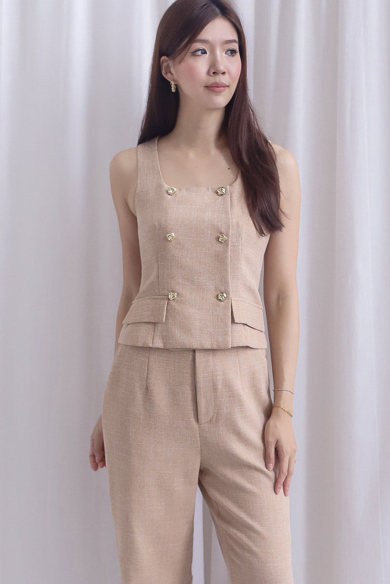Steffi Gold Buttons Tweed Vest Top In Ecru
