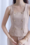 Steffi Gold Buttons Tweed Vest Top In Ecru