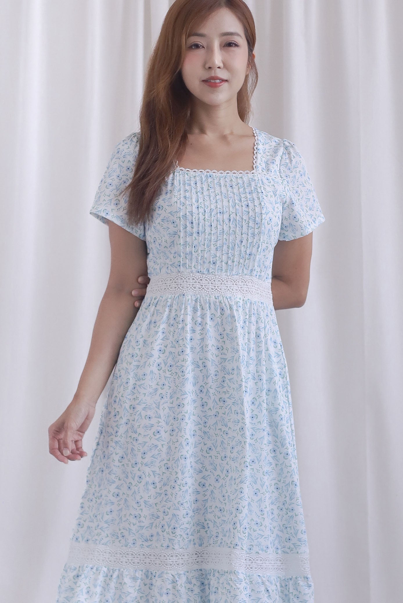 Summer Puffy Sleeves Lattice Pintuck Maxi Dress In Blue Floral