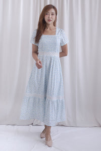 Summer Puffy Sleeves Lattice Pintuck Maxi Dress In Blue Floral