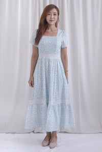 Summer Puffy Sleeves Lattice Pintuck Maxi Dress In Blue Floral
