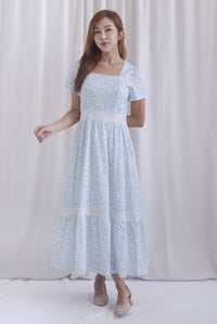 Summer Puffy Sleeves Lattice Pintuck Maxi Dress In Blue Floral