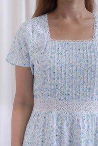 Summer Puffy Sleeves Lattice Pintuck Maxi Dress In Blue Floral