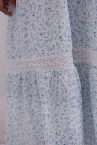 Summer Puffy Sleeves Lattice Pintuck Maxi Dress In Blue Floral