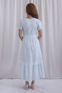 Summer Puffy Sleeves Lattice Pintuck Maxi Dress In Blue Floral