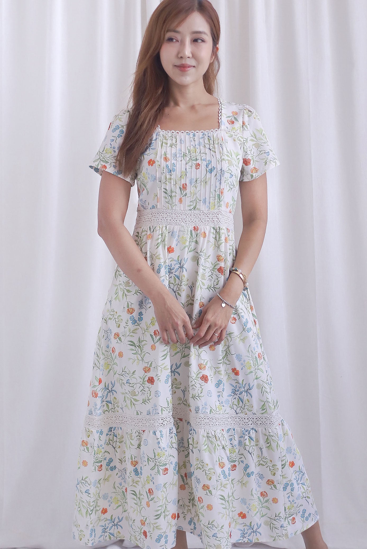 Summer Puffy Sleeves Lattice Pintuck Maxi Dress In Summer Cream