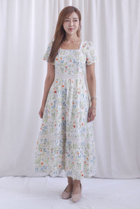 Summer Puffy Sleeves Lattice Pintuck Maxi Dress In Summer Cream