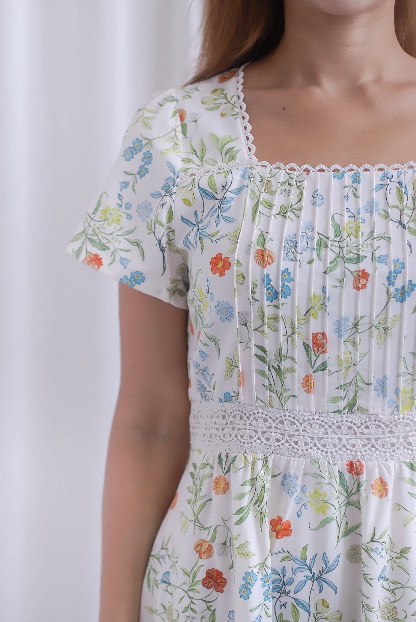 Summer Puffy Sleeves Lattice Pintuck Maxi Dress In Summer Cream