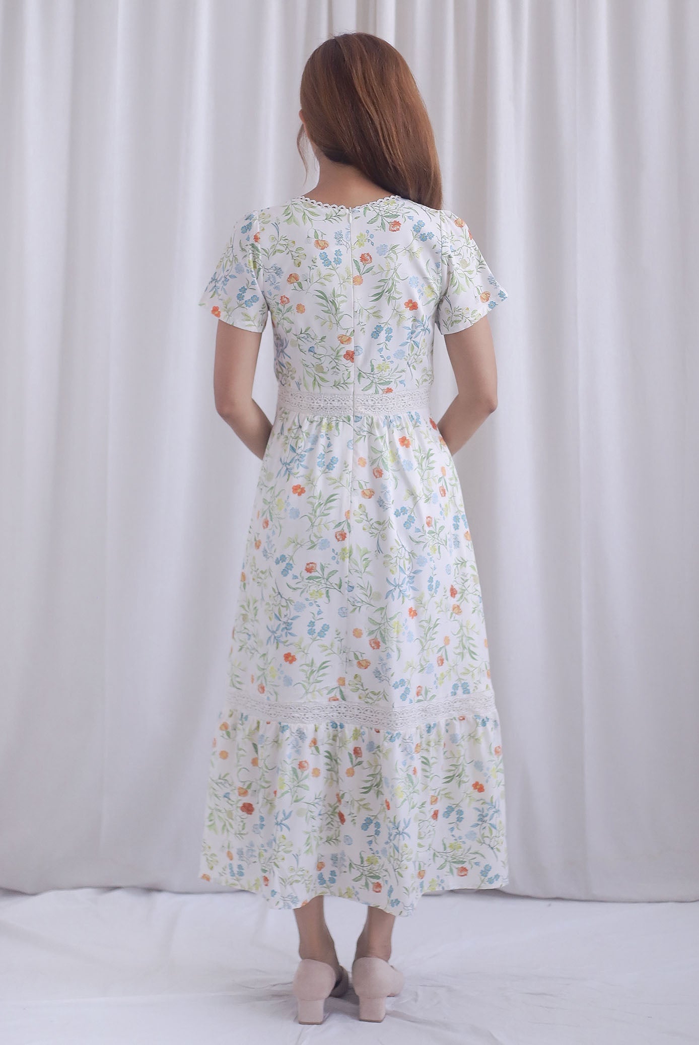 Summer Puffy Sleeves Lattice Pintuck Maxi Dress In Summer Cream
